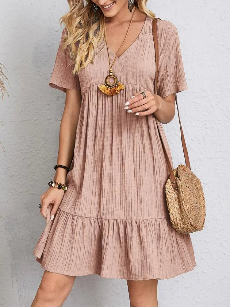 V-neck Short Sleeve Dress Summer Fashion Casual Loose Ruffled Dresses Beach Clothing Women Velare Lux