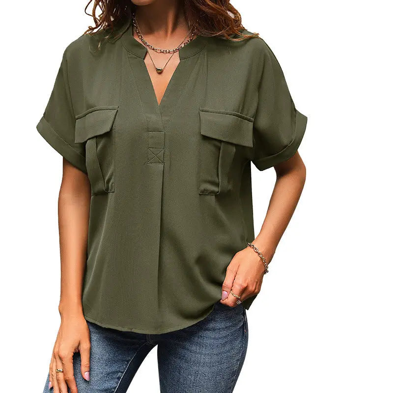 Women's European And American Solid Color And V-neck Pocket Elegant Shirt Velare Lux