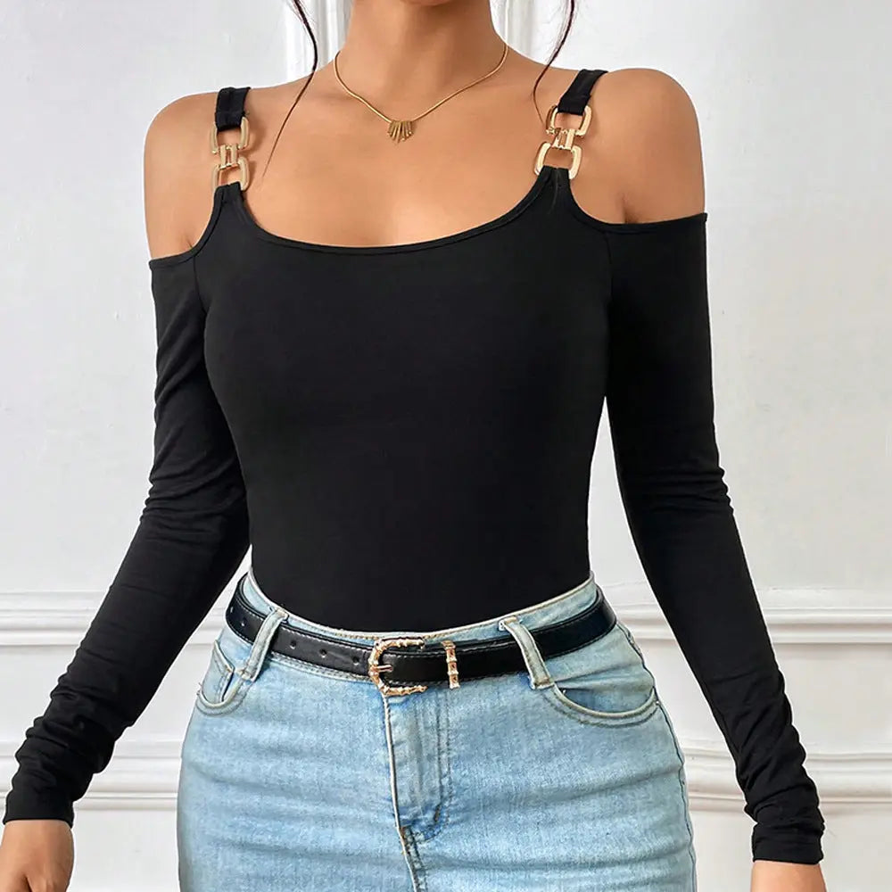 Suspender Off-Shoulder Metal Hook Long-Sleeved Sexy Top null