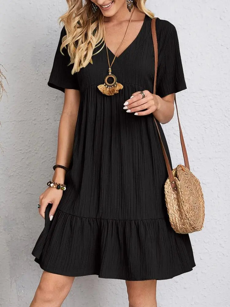 V-neck Short Sleeve Dress Summer Fashion Casual Loose Ruffled Dresses Beach Clothing Women Velare Lux