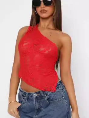 Sloped Neck Lace Backless Top null