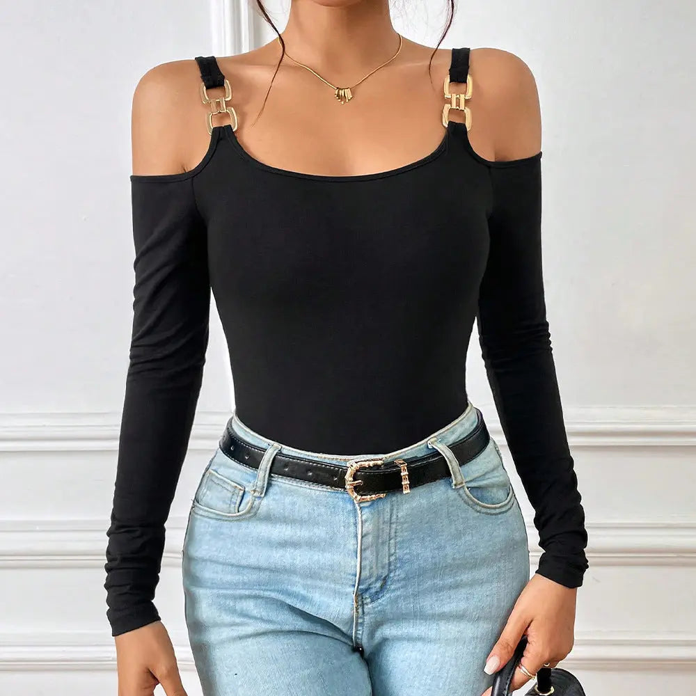 Suspender Off-Shoulder Metal Hook Long-Sleeved Sexy Top null