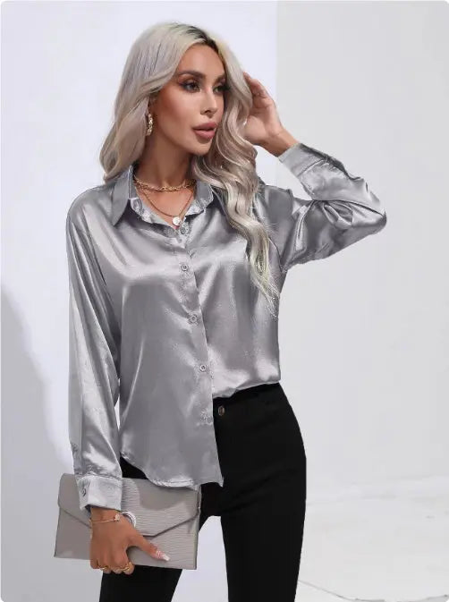 One Button Satin Long Sleeve Shirt null