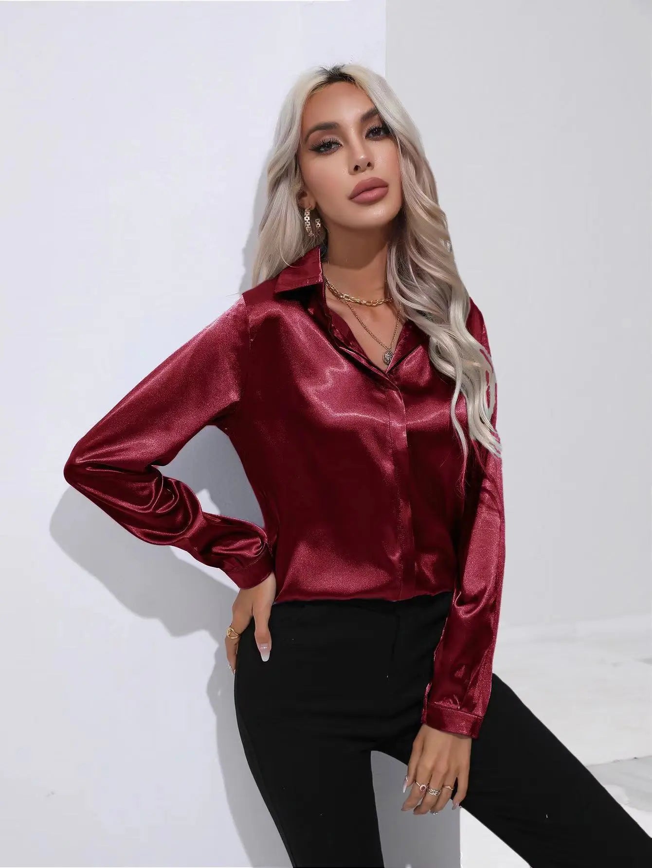 One Button Satin Long Sleeve Shirt null