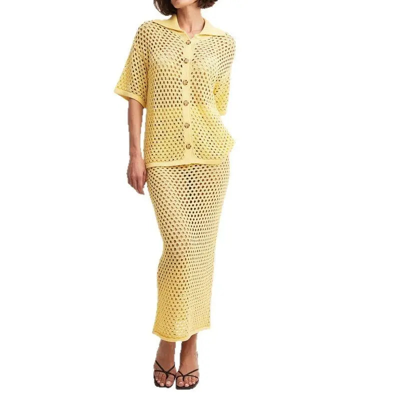 Casual Hollowed-out Fishnet Knitted Shirtdress null