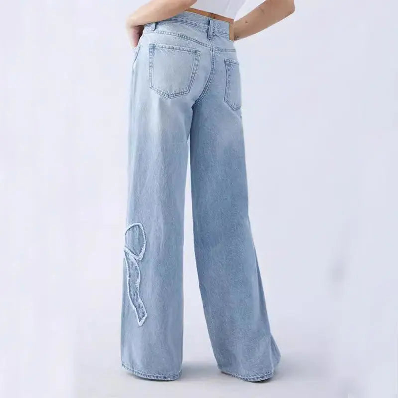 Women's Straight Embroidered Side Frayed Butterfly Jeans null