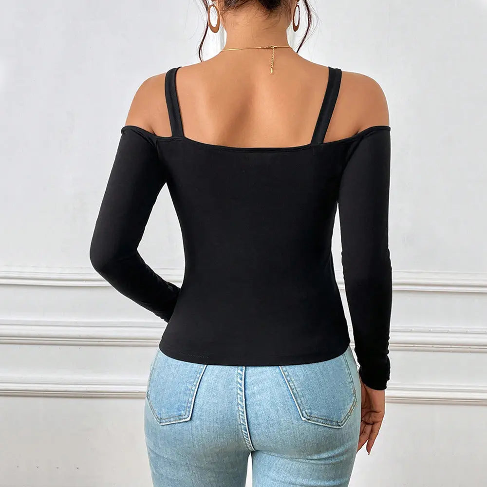 Suspender Off-Shoulder Metal Hook Long-Sleeved Sexy Top null