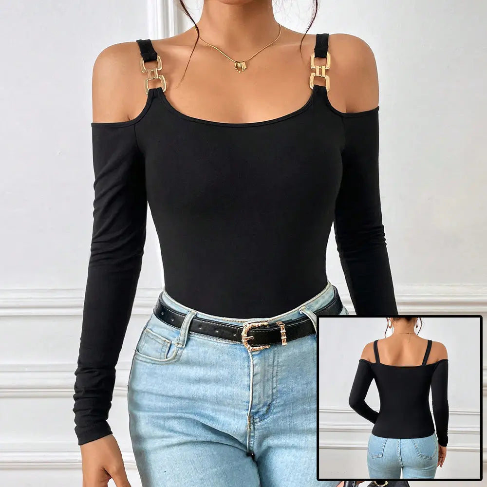 Suspender Off-Shoulder Metal Hook Long-Sleeved Sexy Top null