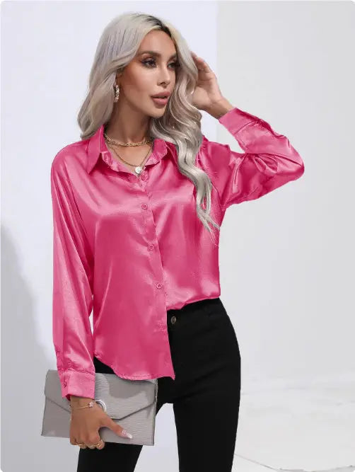 One Button Satin Long Sleeve Shirt null