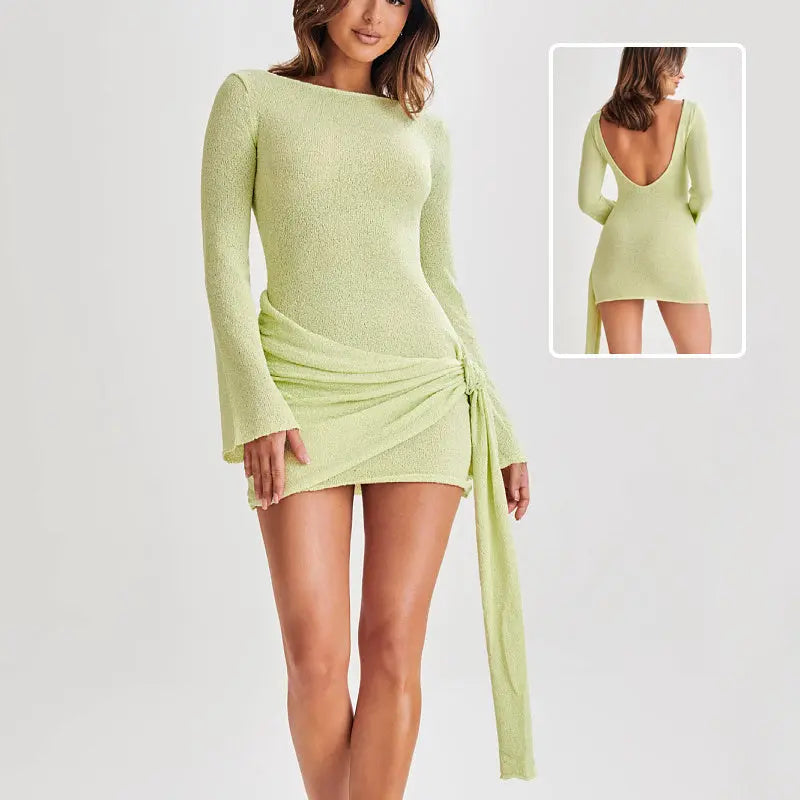 Long-sleeved V-shaped Backless Short Dress null