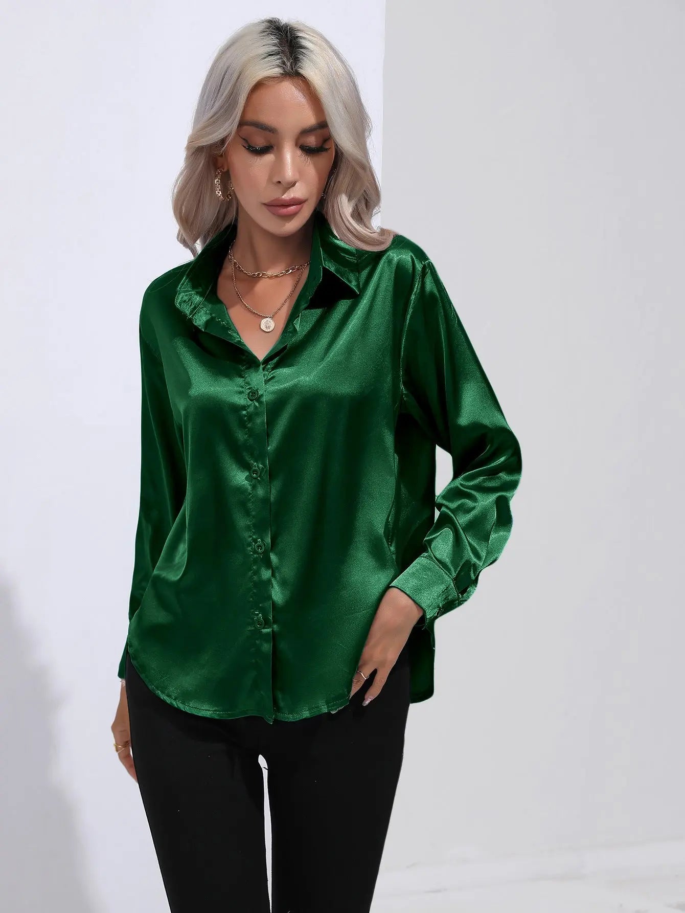 One Button Satin Long Sleeve Shirt null