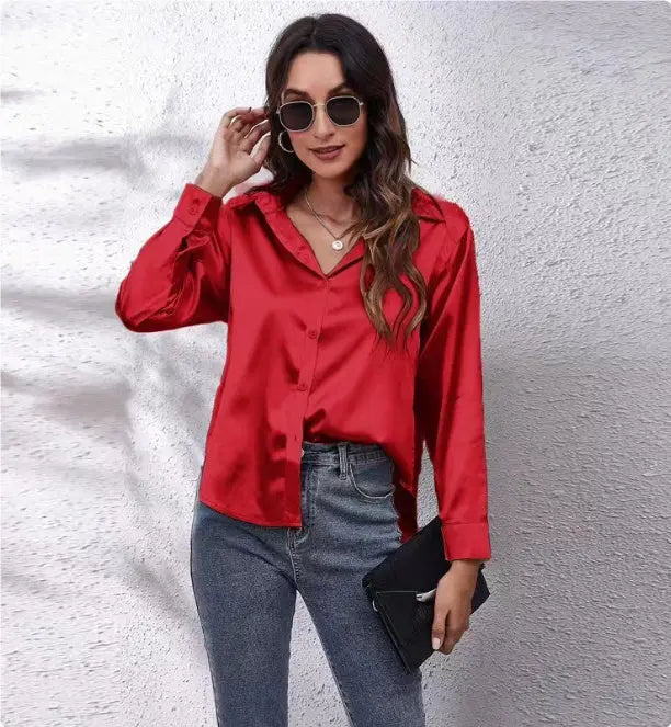 One Button Satin Long Sleeve Shirt null