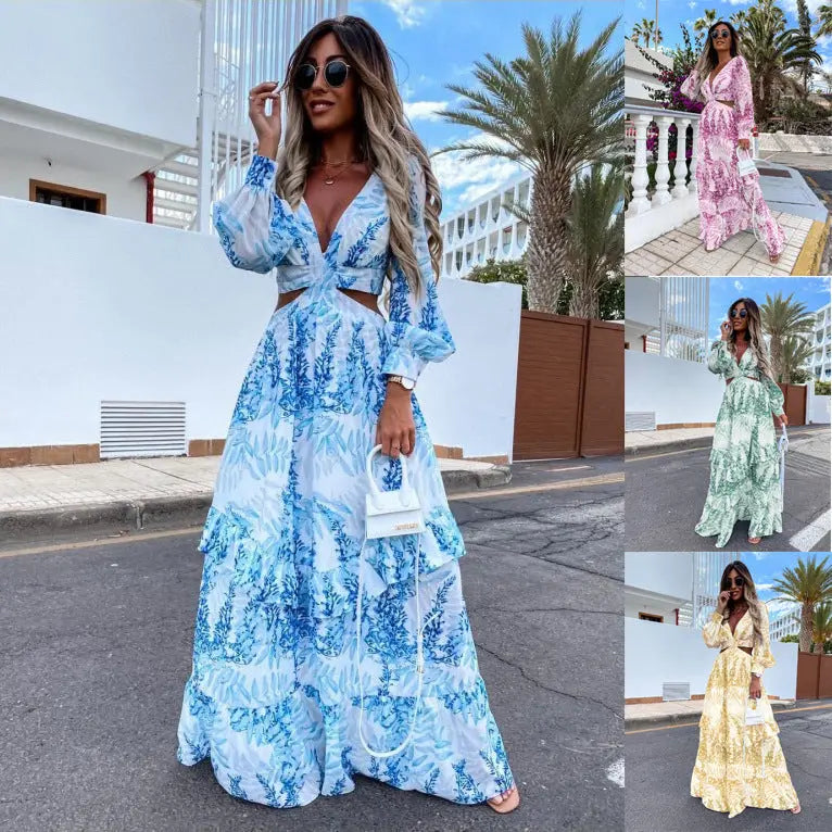 Elegant Women's Hollow Floor V-neck Long-sleeved Plant Dress Long Dresses Spring Summer Print V-neck Long Sleeve Dress Velare Lux