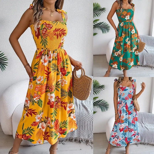 Flowers Print Suspender Corset Dress Ins Fashion Holiday Beach Long Dresses Summer Clothing For Women Velare Lux