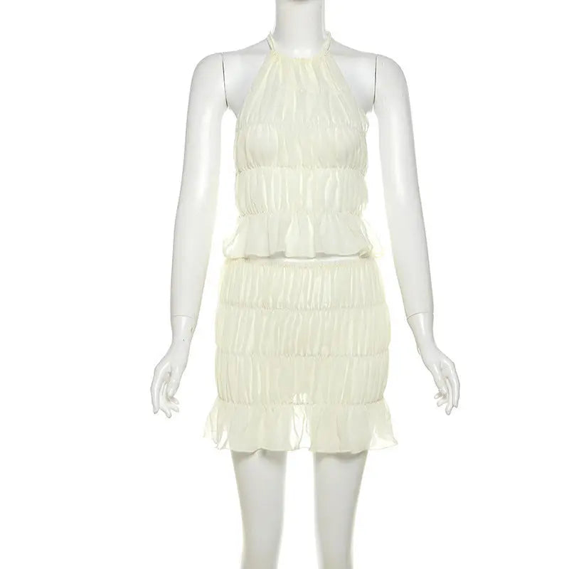 Pleated Lace-up Sling Flounce Skirt Two-piece Set null