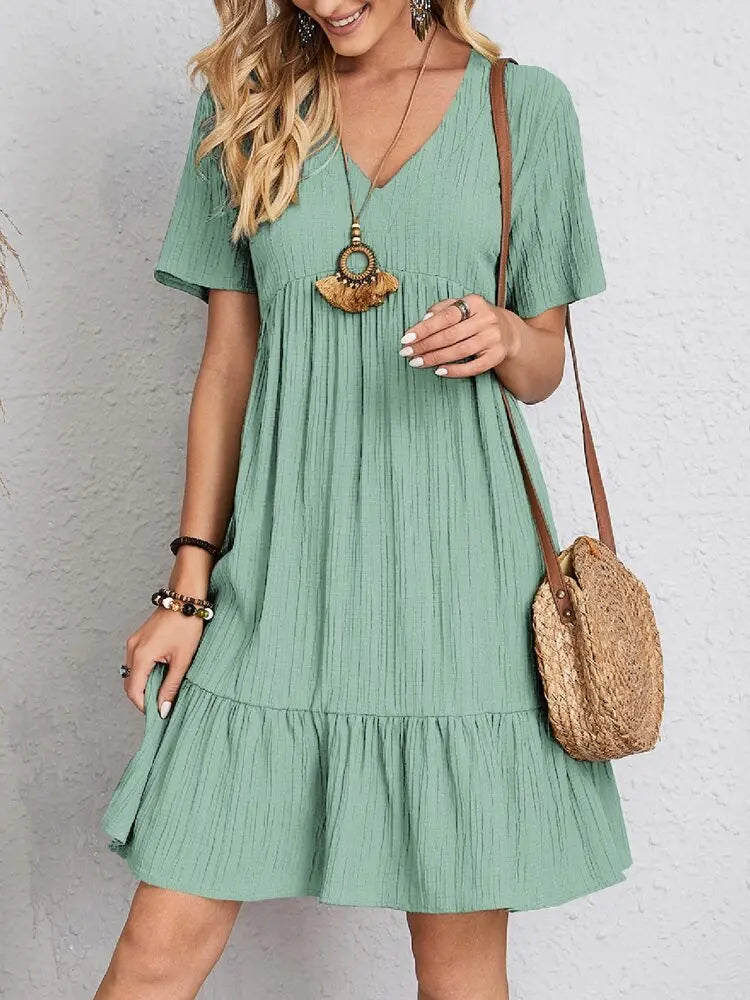 V-neck Short Sleeve Dress Summer Fashion Casual Loose Ruffled Dresses Beach Clothing Women Velare Lux