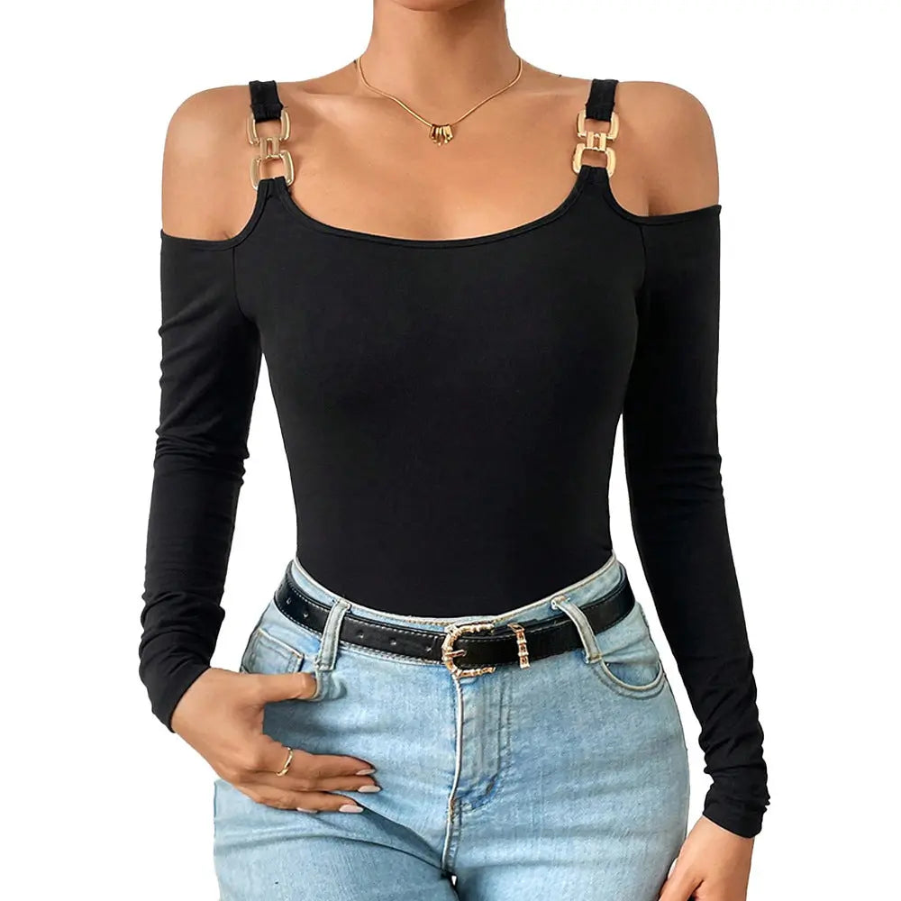 Suspender Off-Shoulder Metal Hook Long-Sleeved Sexy Top null