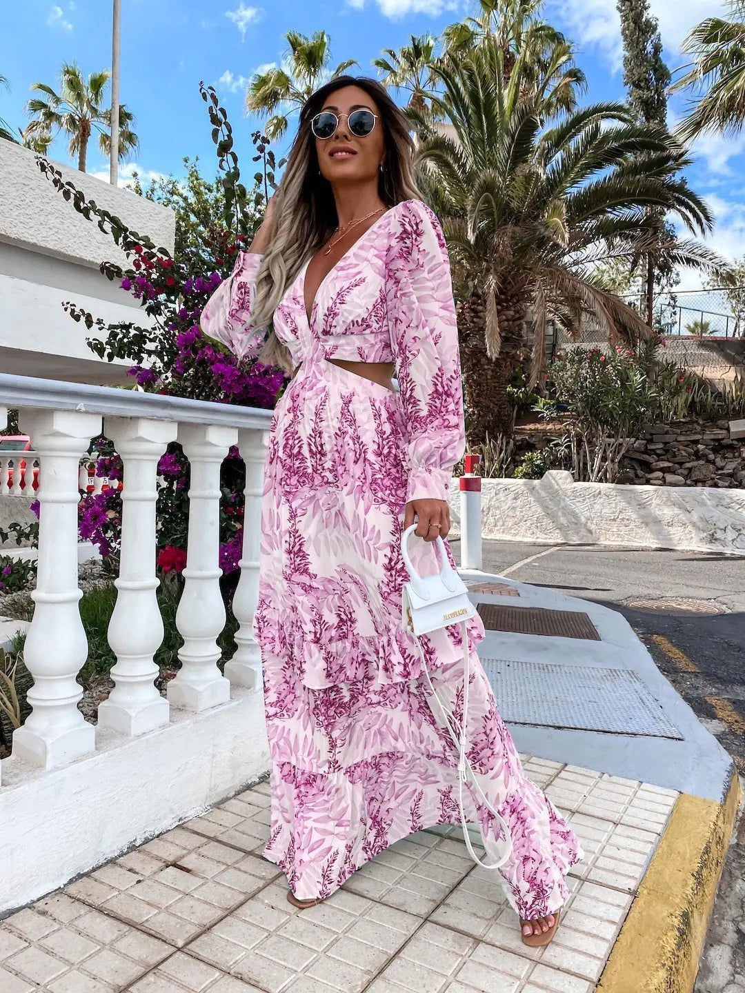 Elegant Women's Hollow Floor V-neck Long-sleeved Plant Dress Long Dresses Spring Summer Print V-neck Long Sleeve Dress Velare Lux