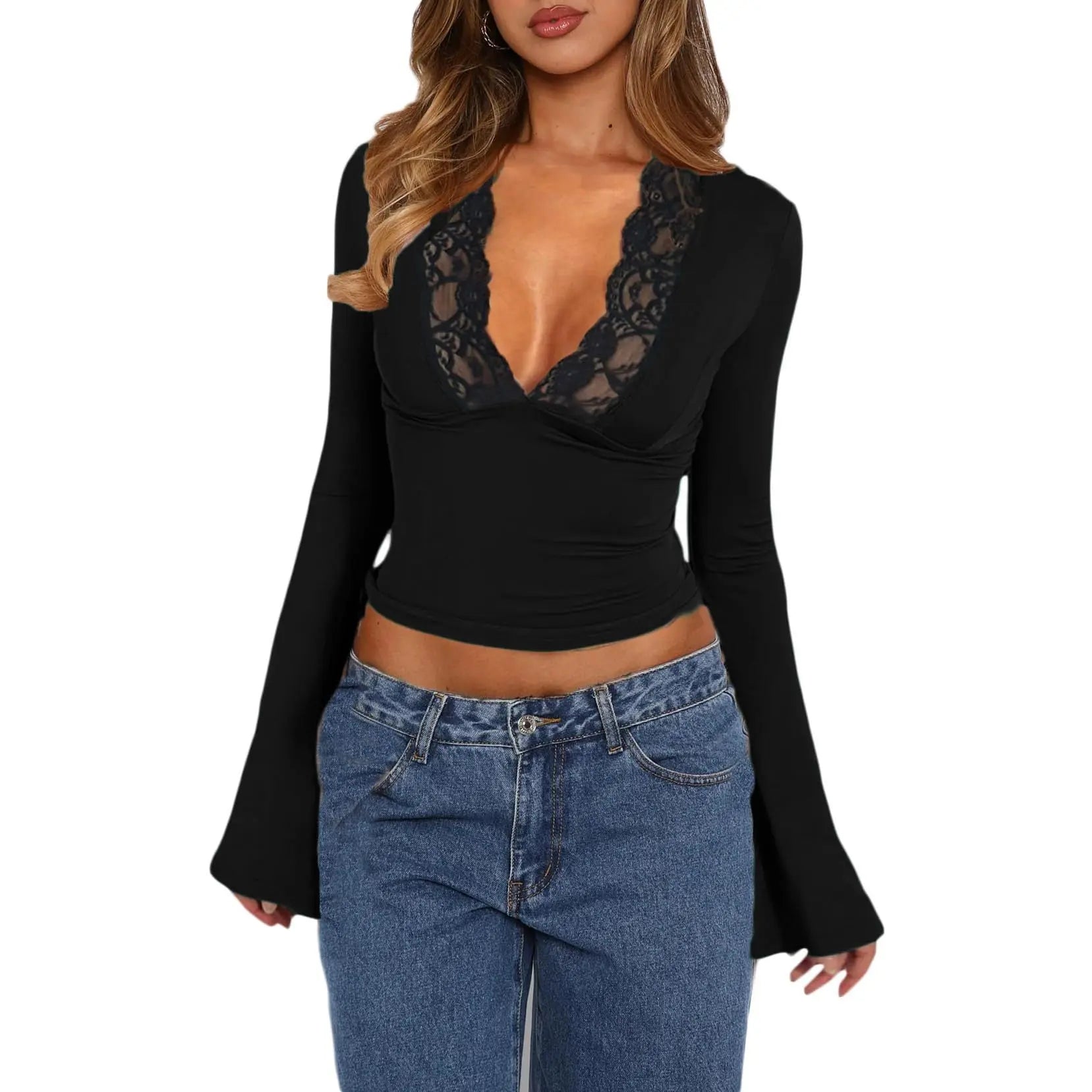 Slim V-neck Lace Long-sleeved Top null