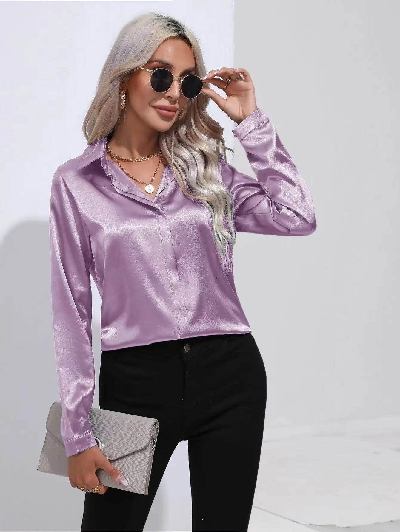 One Button Satin Long Sleeve Shirt null