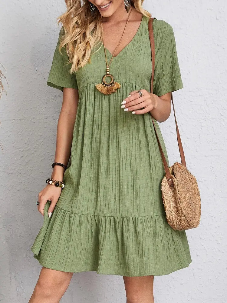 V-neck Short Sleeve Dress Summer Fashion Casual Loose Ruffled Dresses Beach Clothing Women Velare Lux