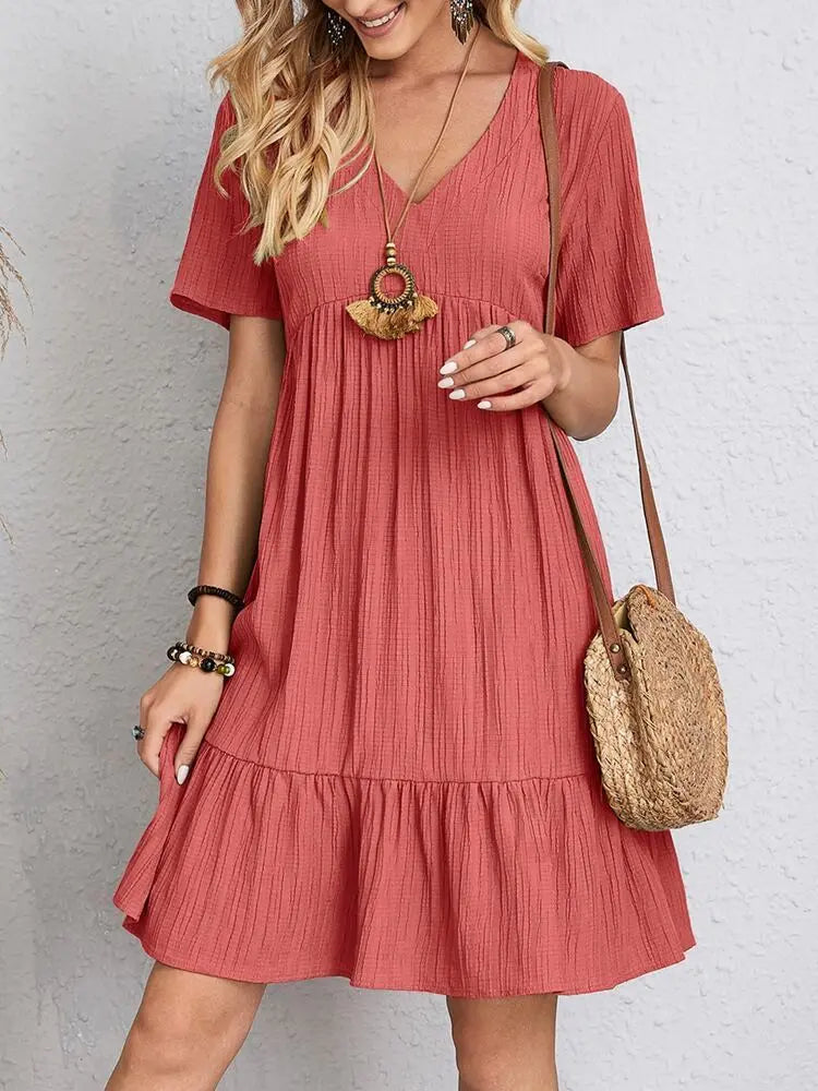 V-neck Short Sleeve Dress Summer Fashion Casual Loose Ruffled Dresses Beach Clothing Women Velare Lux