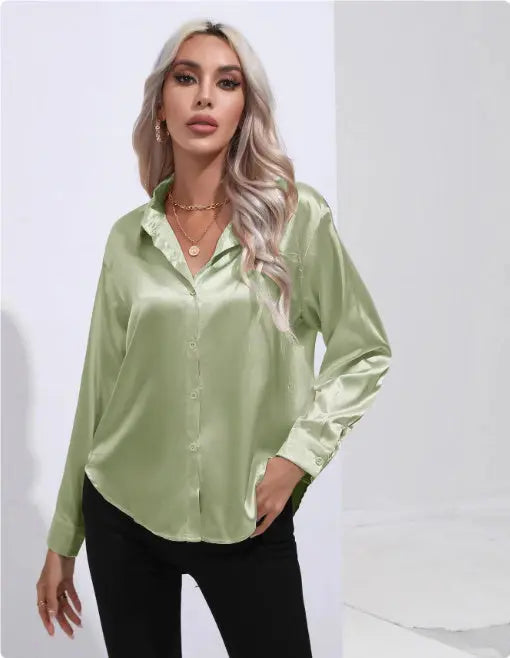 One Button Satin Long Sleeve Shirt null