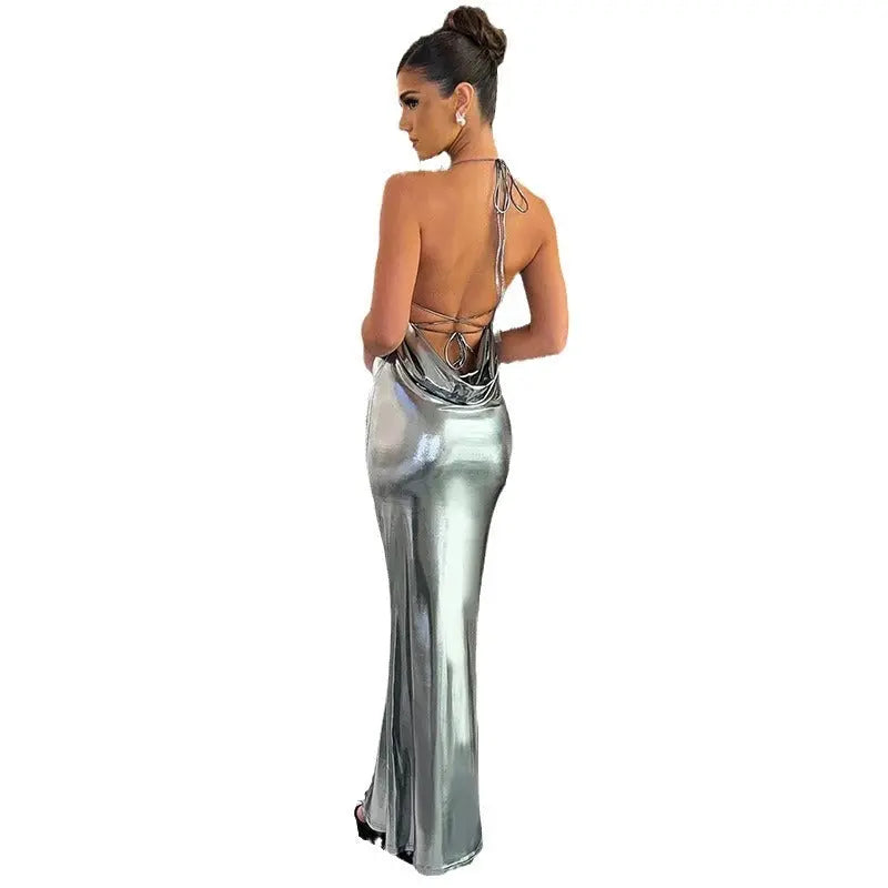 Glossy Metallic Backless Dress null