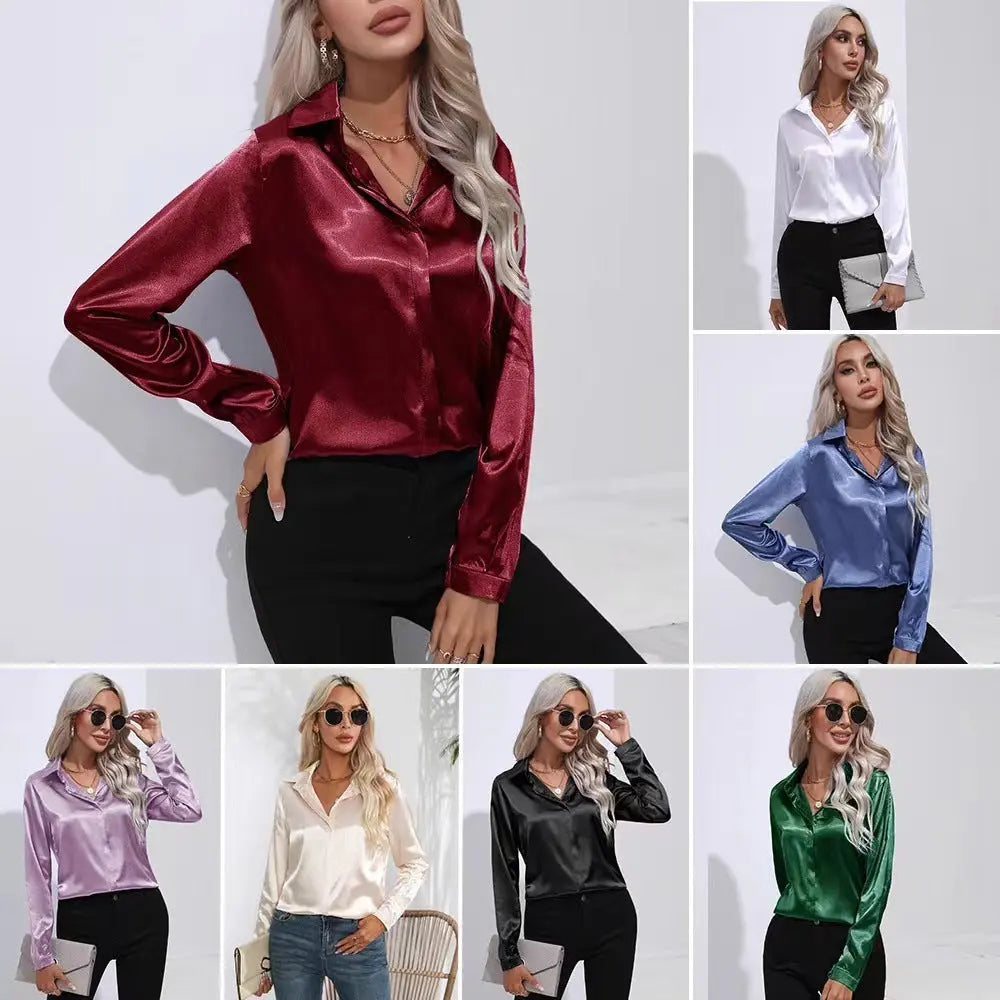 One Button Satin Long Sleeve Shirt null