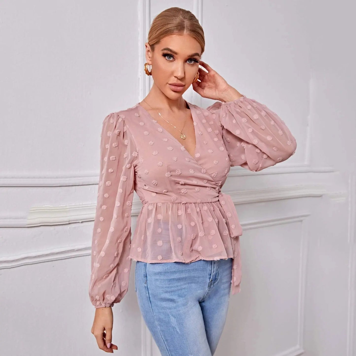 V-neck Slim-fit Light Mature Blouse null