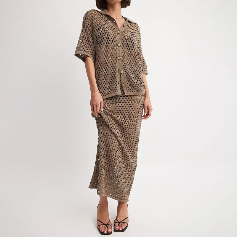 Casual Hollowed-out Fishnet Knitted Shirtdress null