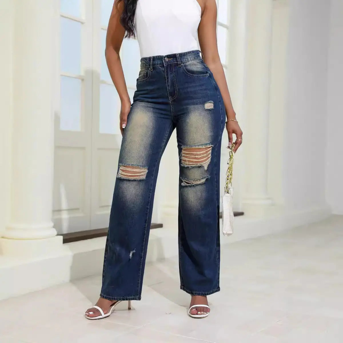 Fashion High Waist Ripped Jeans With Pockets null