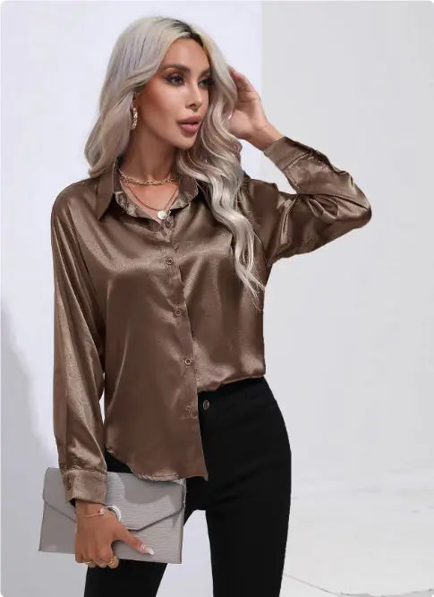 One Button Satin Long Sleeve Shirt null