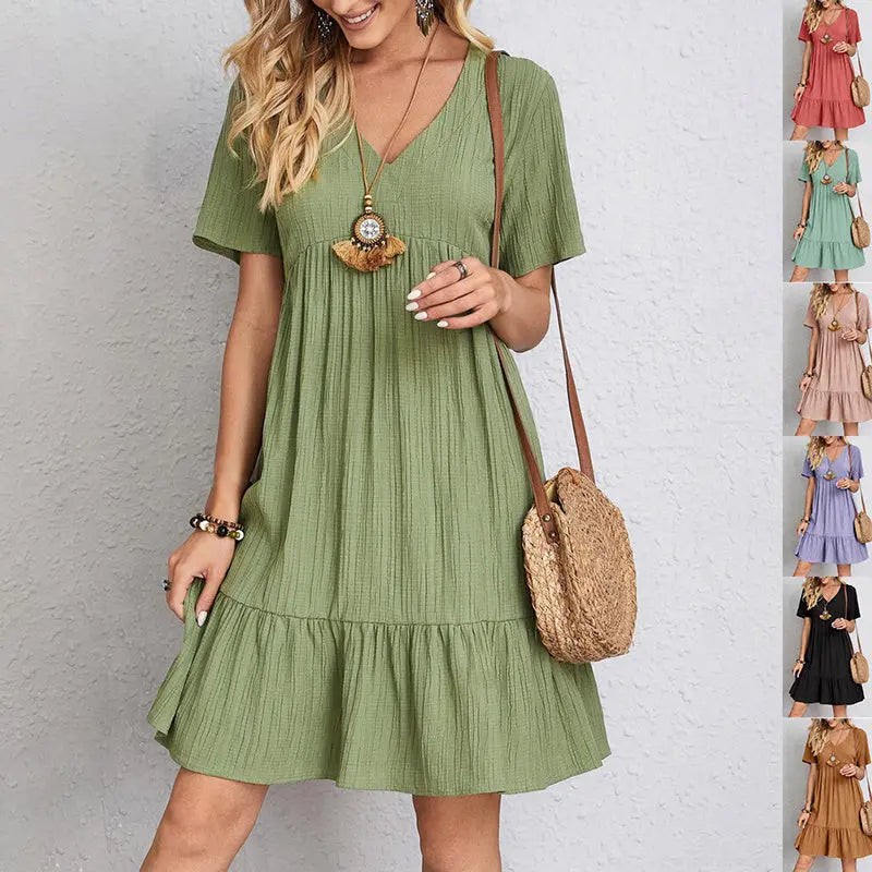 V-neck Short Sleeve Dress Summer Fashion Casual Loose Ruffled Dresses Beach Clothing Women Velare Lux