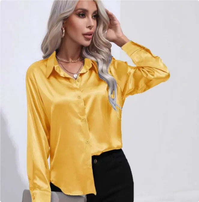 One Button Satin Long Sleeve Shirt null