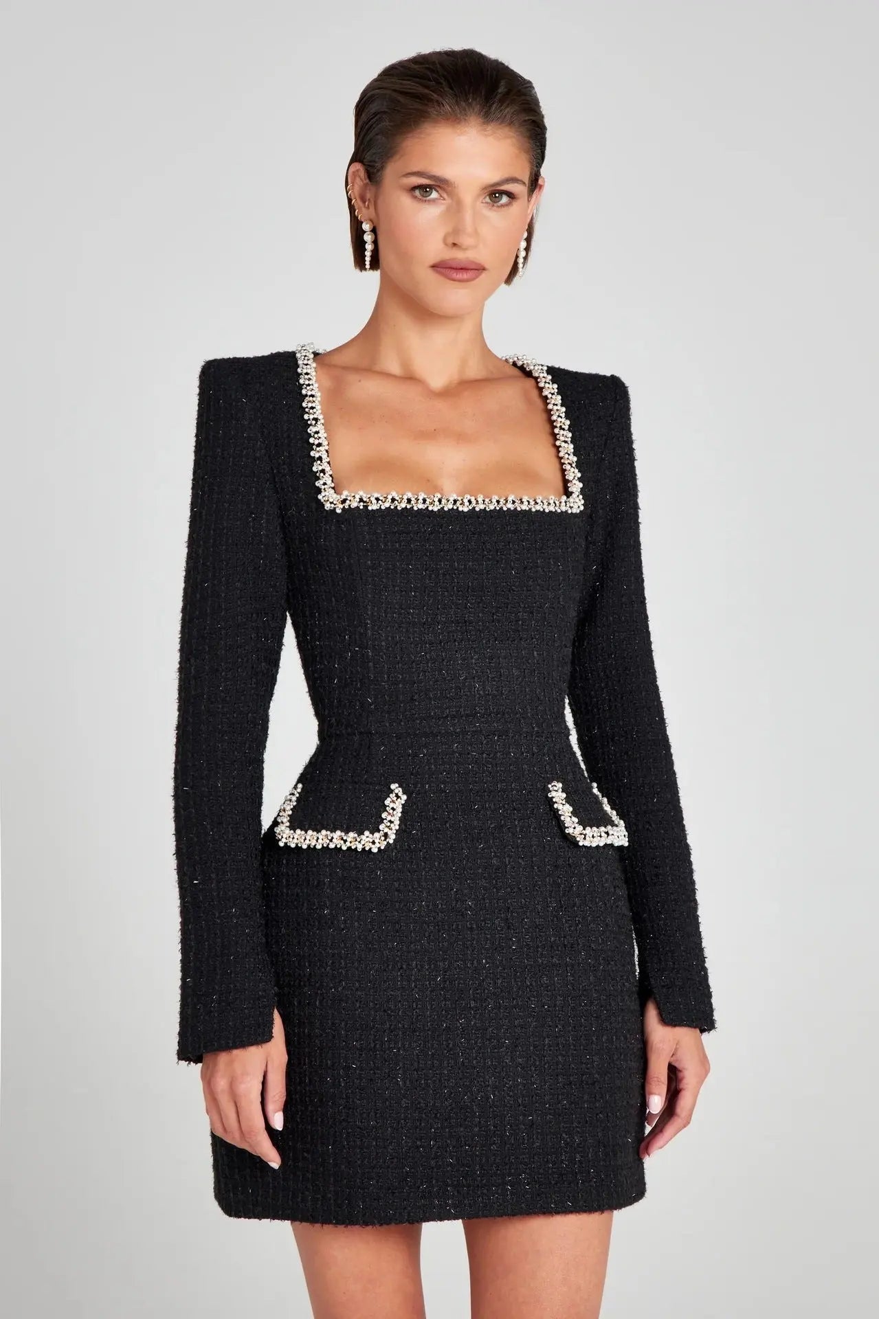 U-Neck Long Sleeved Beaded Dress null