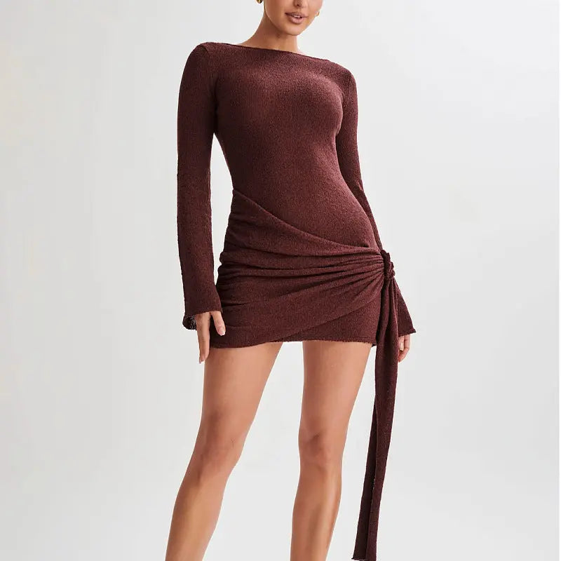 Long-sleeved V-shaped Backless Short Dress null