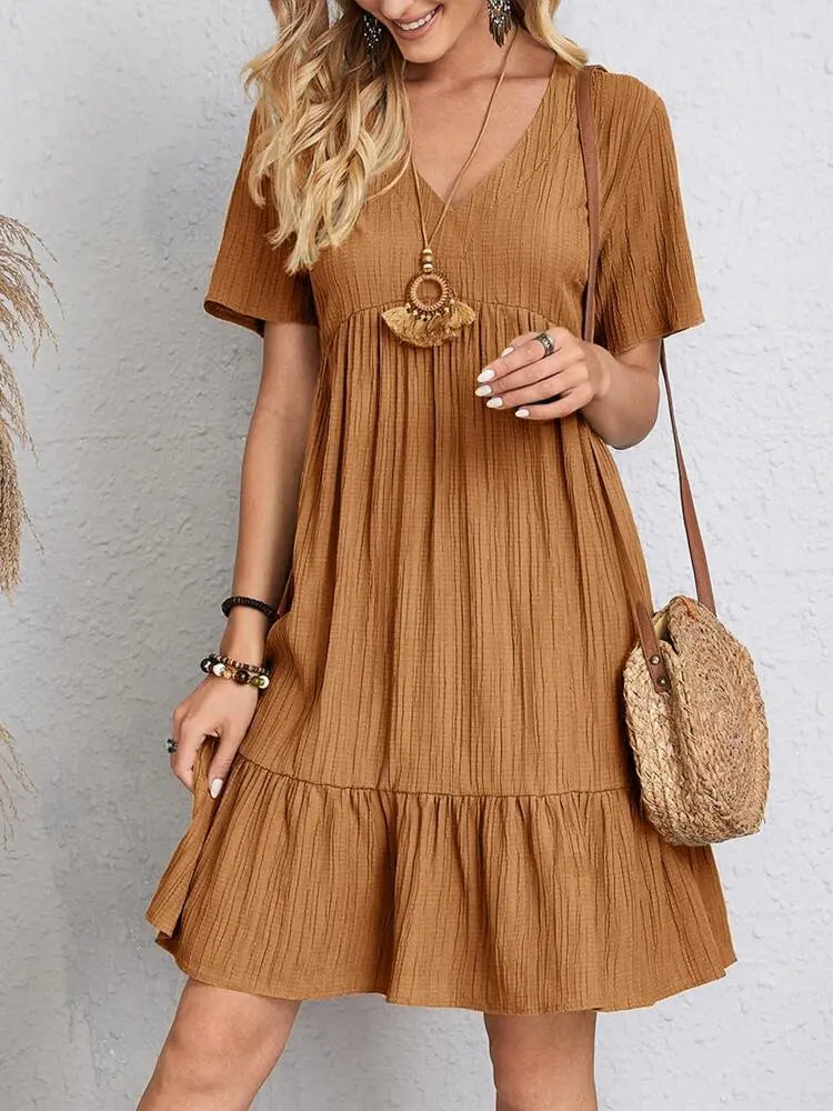 V-neck Short Sleeve Dress Summer Fashion Casual Loose Ruffled Dresses Beach Clothing Women Velare Lux