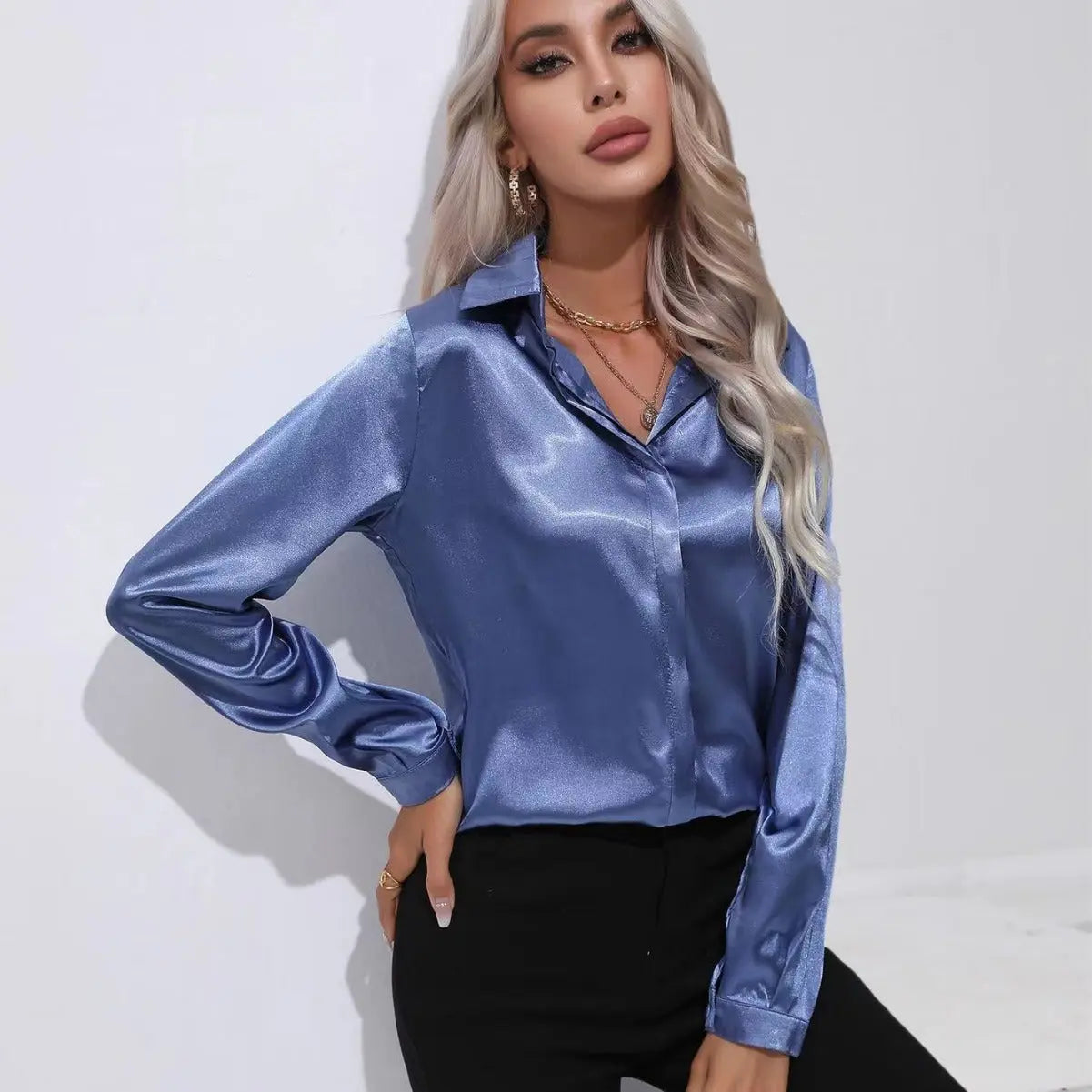 One Button Satin Long Sleeve Shirt null