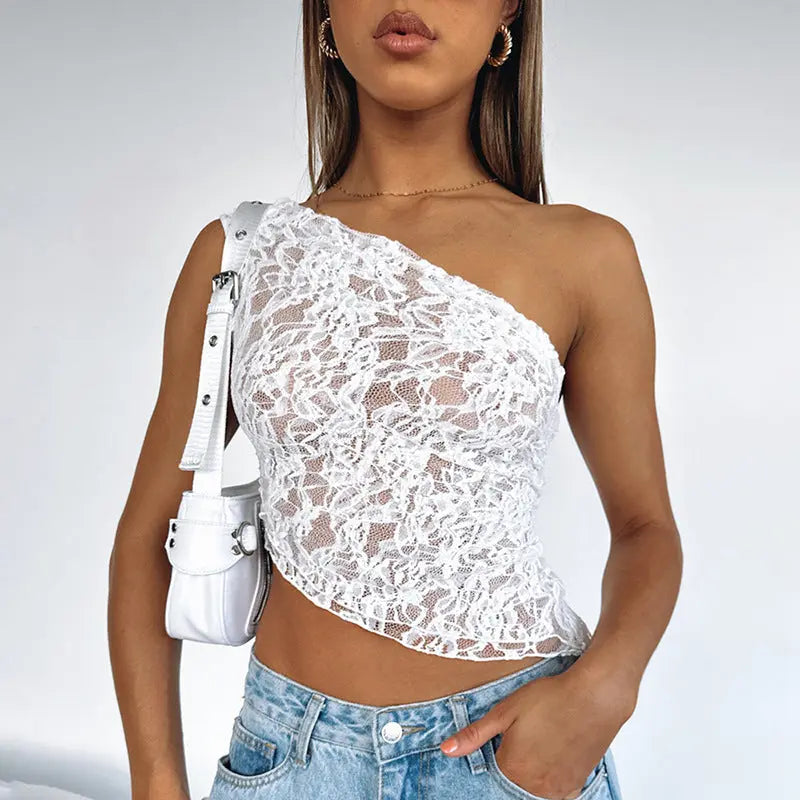 Sloped Neck Lace Backless Top null