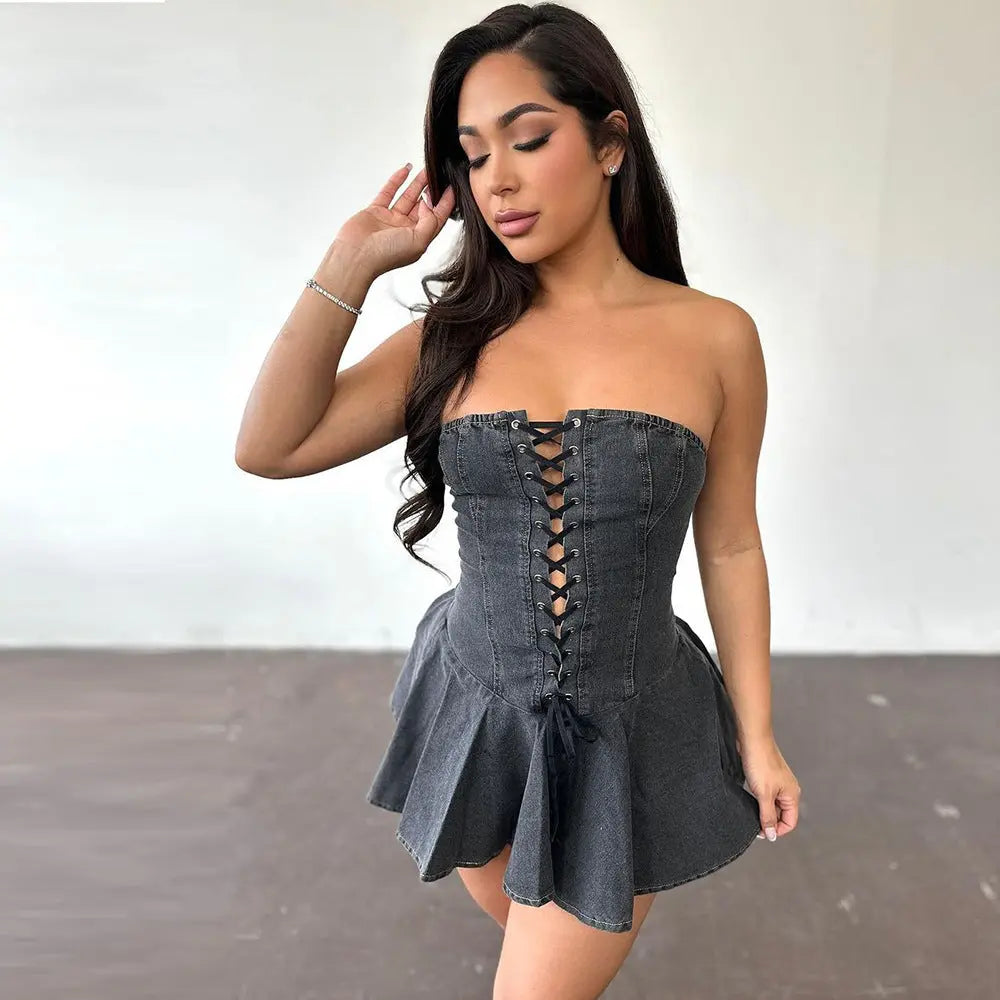 Women's Zipper Lace-up Chest Wrap Short Denim Dress Velare Lux