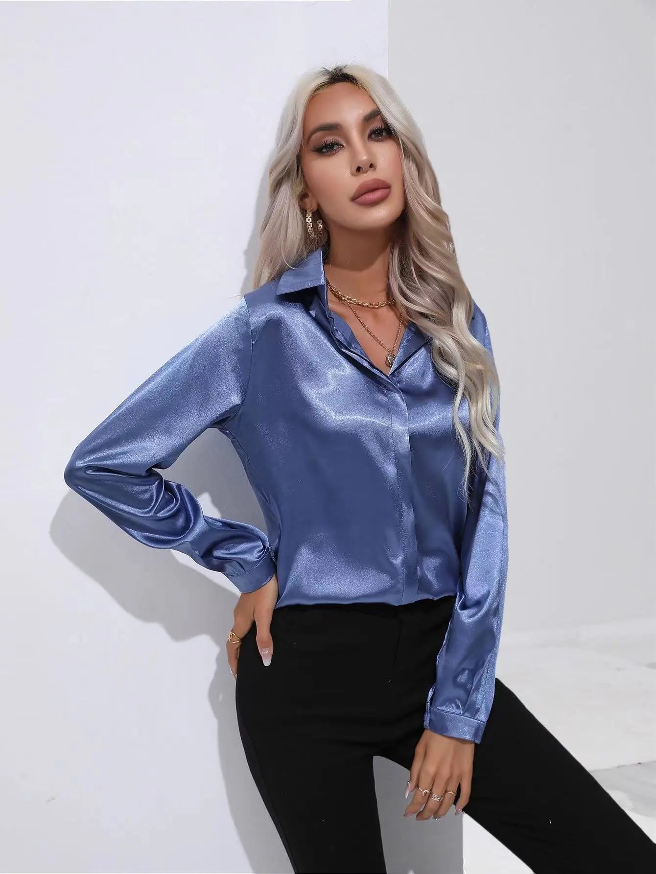 One Button Satin Long Sleeve Shirt null