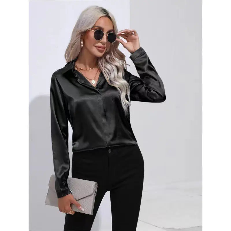 One Button Satin Long Sleeve Shirt null