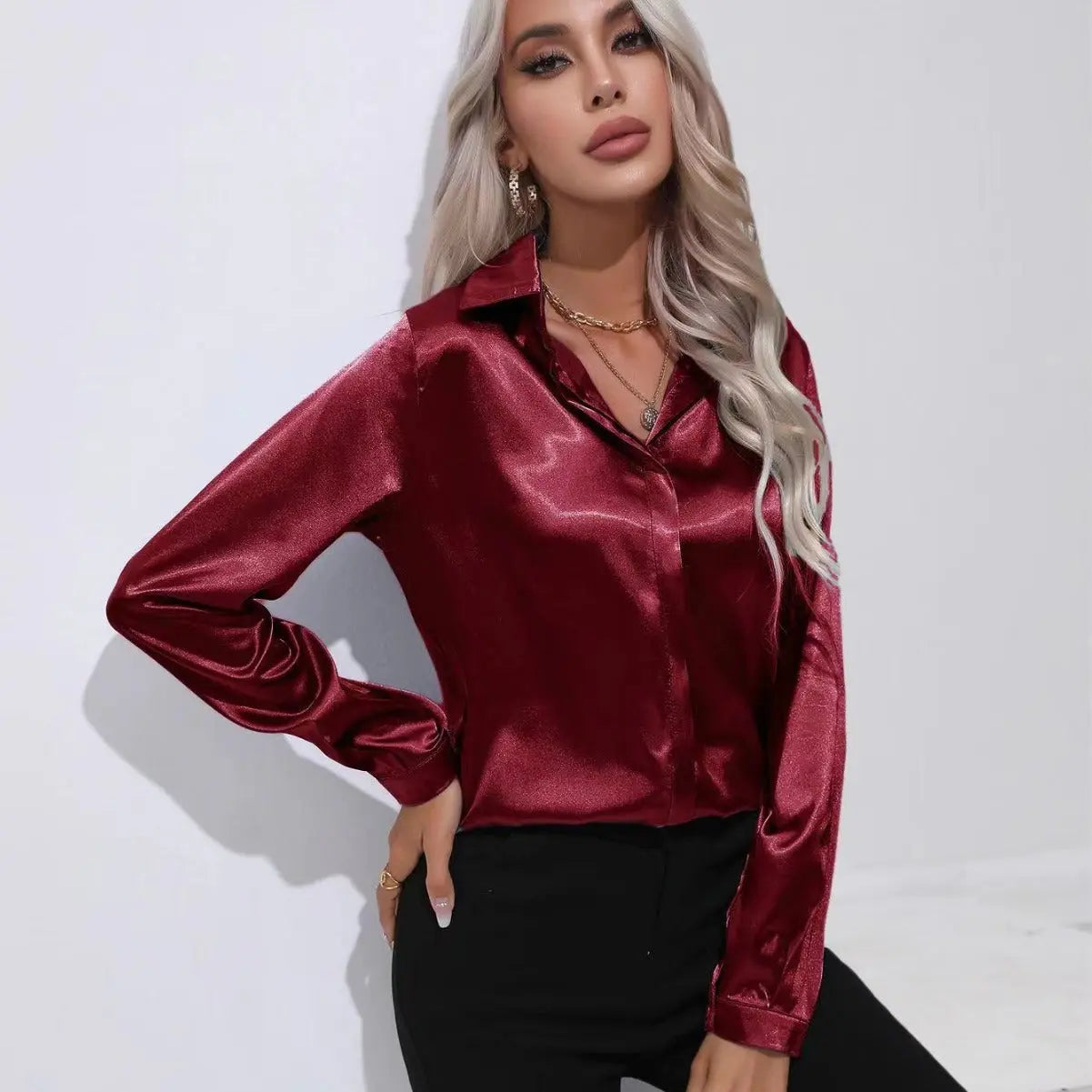 One Button Satin Long Sleeve Shirt null