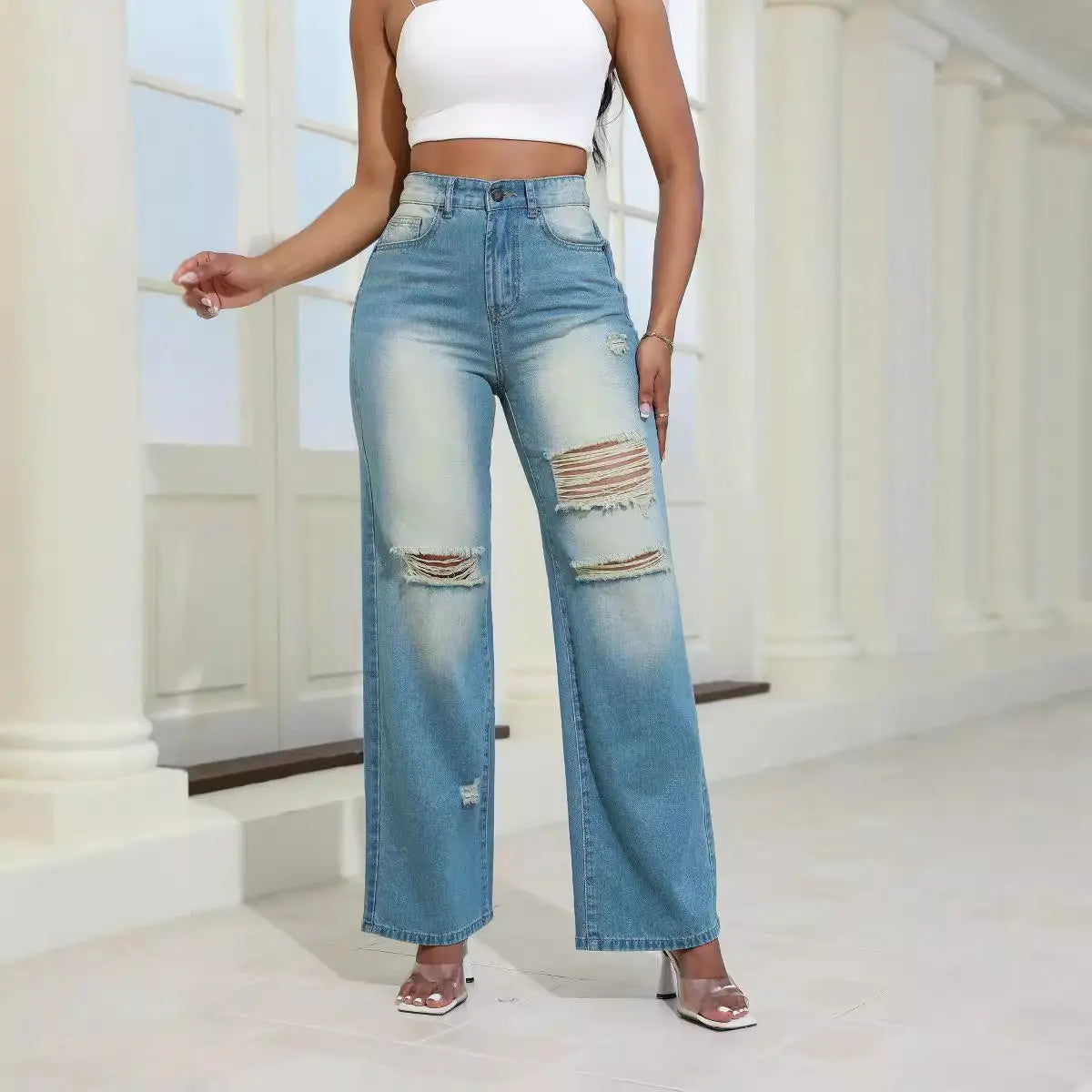 Fashion High Waist Ripped Jeans With Pockets null