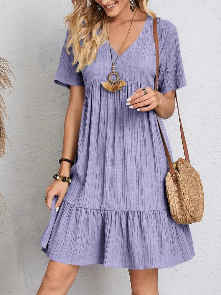 V-neck Short Sleeve Dress Summer Fashion Casual Loose Ruffled Dresses Beach Clothing Women Velare Lux