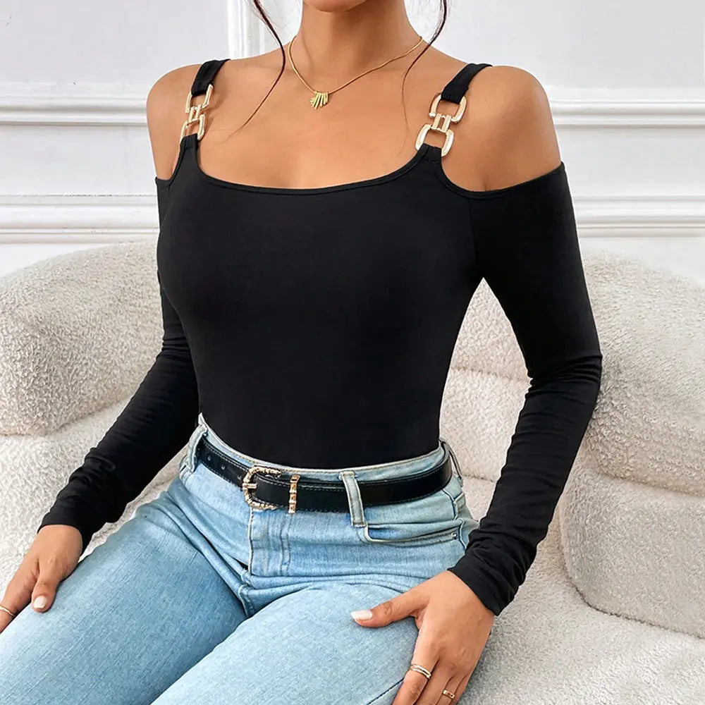 Suspender Off-Shoulder Metal Hook Long-Sleeved Sexy Top null